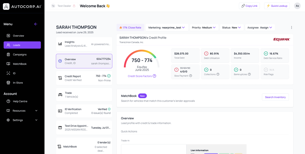AVA® Portal lead record with credit report, trade, and ID verification