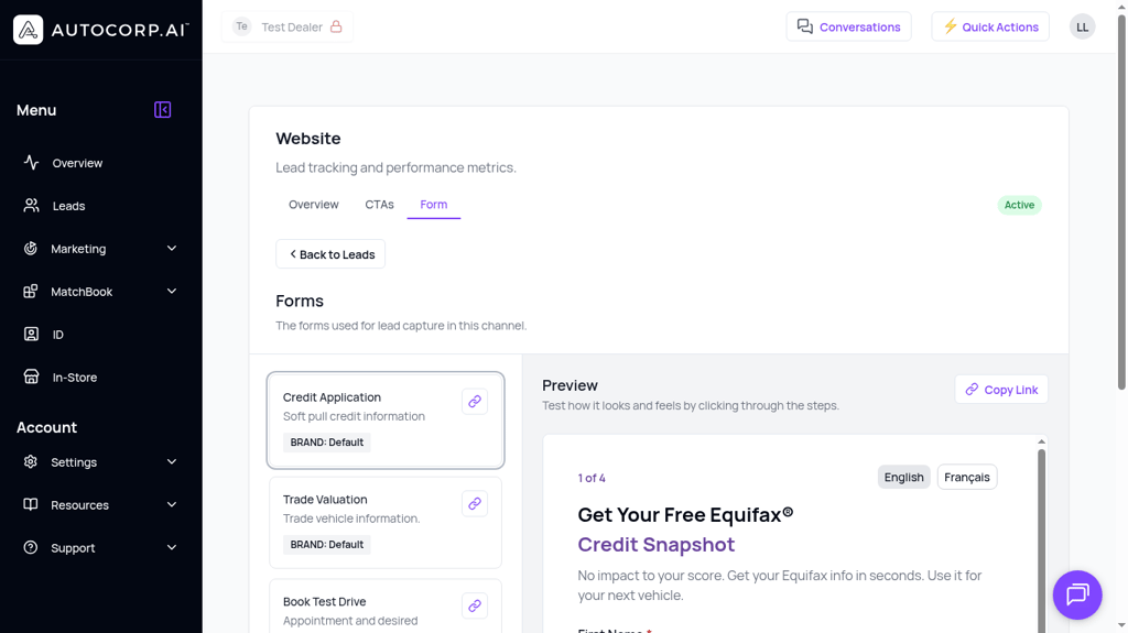AVA Credit Application form preview showing the four-step bilingual soft pull credit form