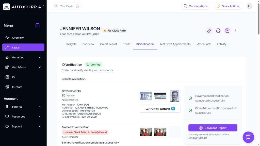 Lead record showing an ID name mismatch flagged by the Fraud Prevention section, with a downloadable verification report on the right
