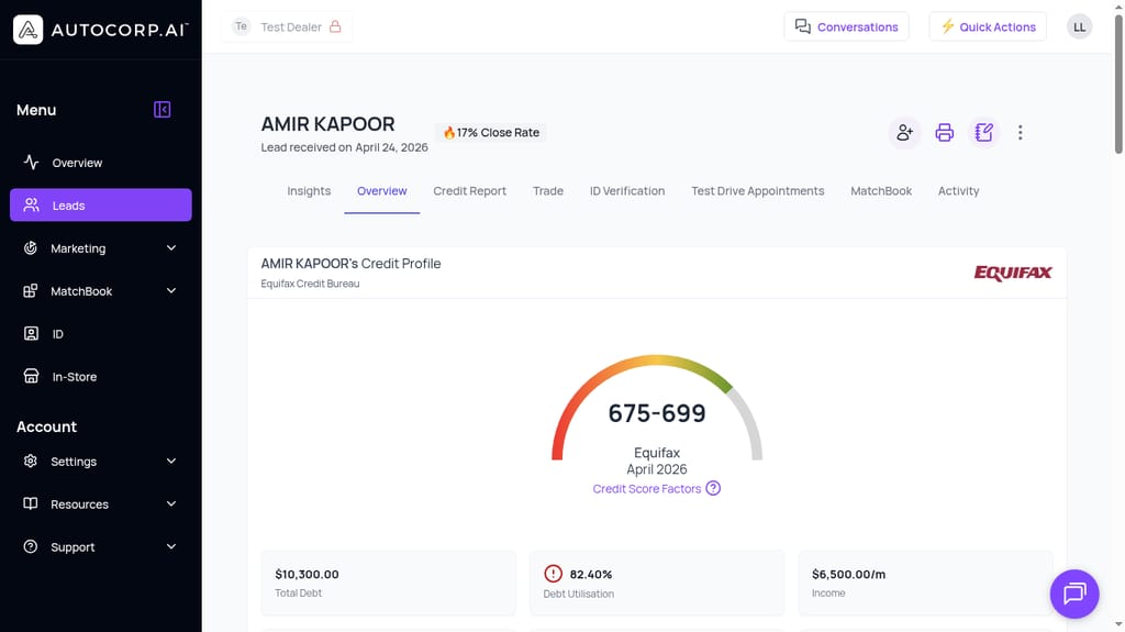 Credit profile inside a lead record showing Equifax score band, total debt, debt utilisation, and income