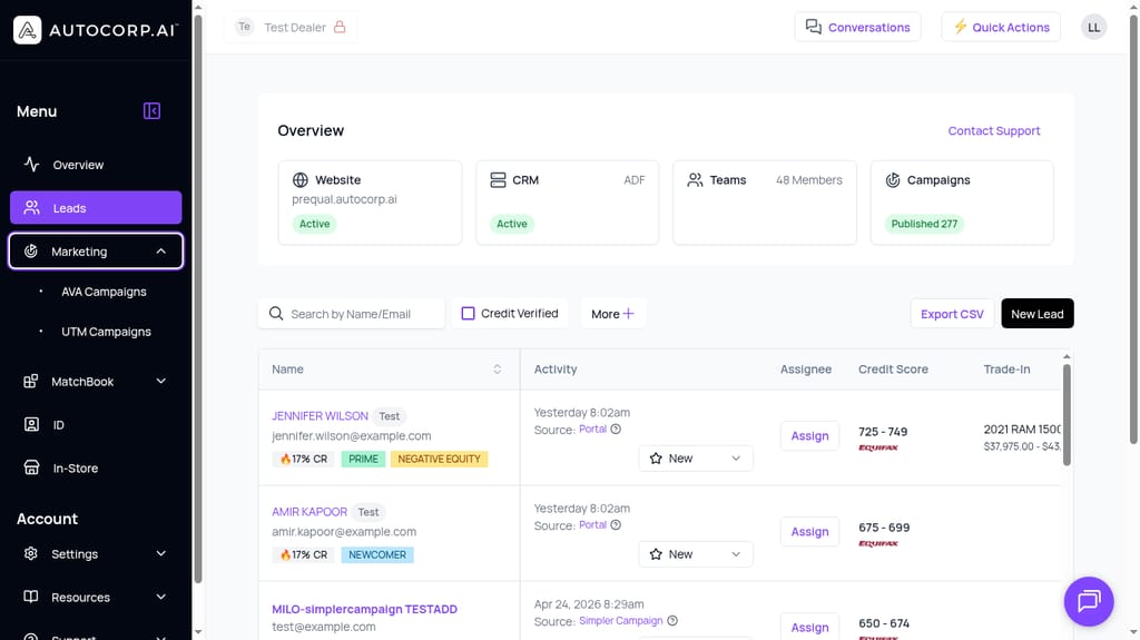 AVA Leads dashboard showing credit-verified leads with score ranges and tags
